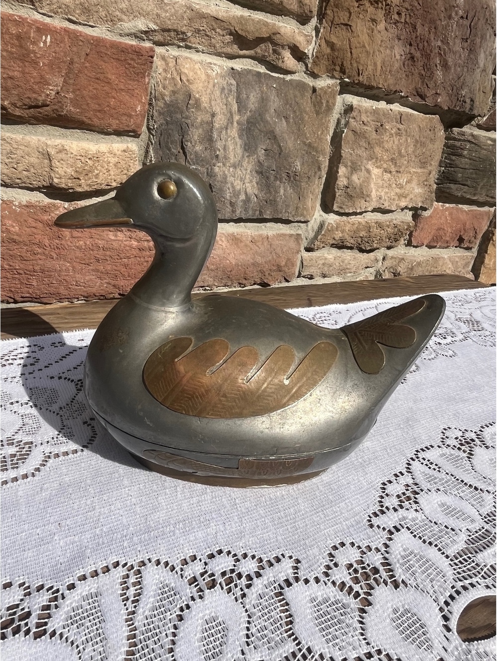 Vintage Pewter and Brass Duck Trinket Box Lidded Metal Dish 6"